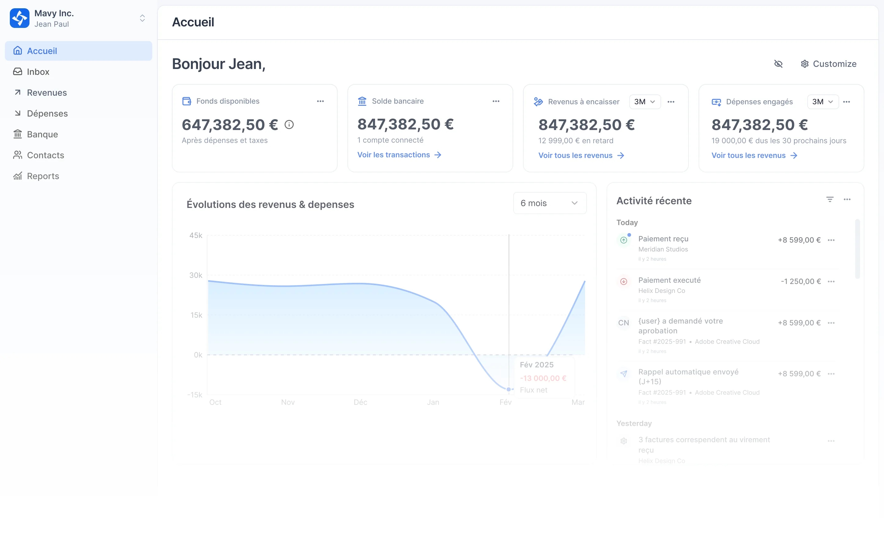 Mavy financial dashboard with overview of accounts, revenue, and expenses